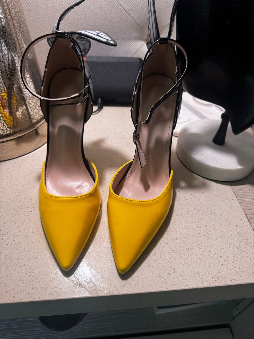 Yellow Pointed-Toe Ankle-Strap Heels
